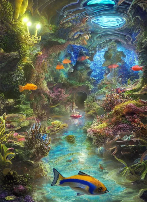 Image similar to people observing lots of beautiful fish in an underground aquarium corridor, in the style of john stephens, fantasy art, ray tracing, water droplets, highly detailed, artstation trend, highly detailed and intricate, sharp focus, photography, unreal engine 5