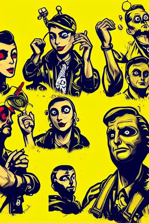 Prompt: 6 member from saints gangs wear yellow bandana, some of member have mustard. pop art, bioshock infinite art style, arstation trending, accurate, detailed, unembellished depiction of nature or of contemporary life, gta chinatown wars art style, art by richard hamilton and mimmo rottela