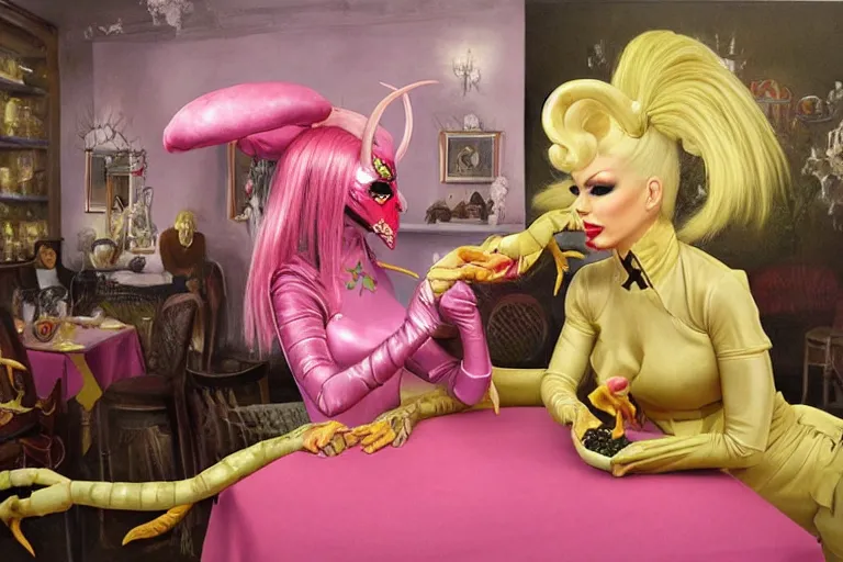 Image similar to Angelyne fights Scorpion from Mortal Kombat in the tea room, painted by mark ryden