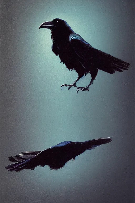 Prompt: a raven using 8 0 s era technology, vintage shapes, retro technology, pantone color, wayne barlow, oil on canvas, deep depth of field, masterpiece, cinematic composition, hyperdetailed