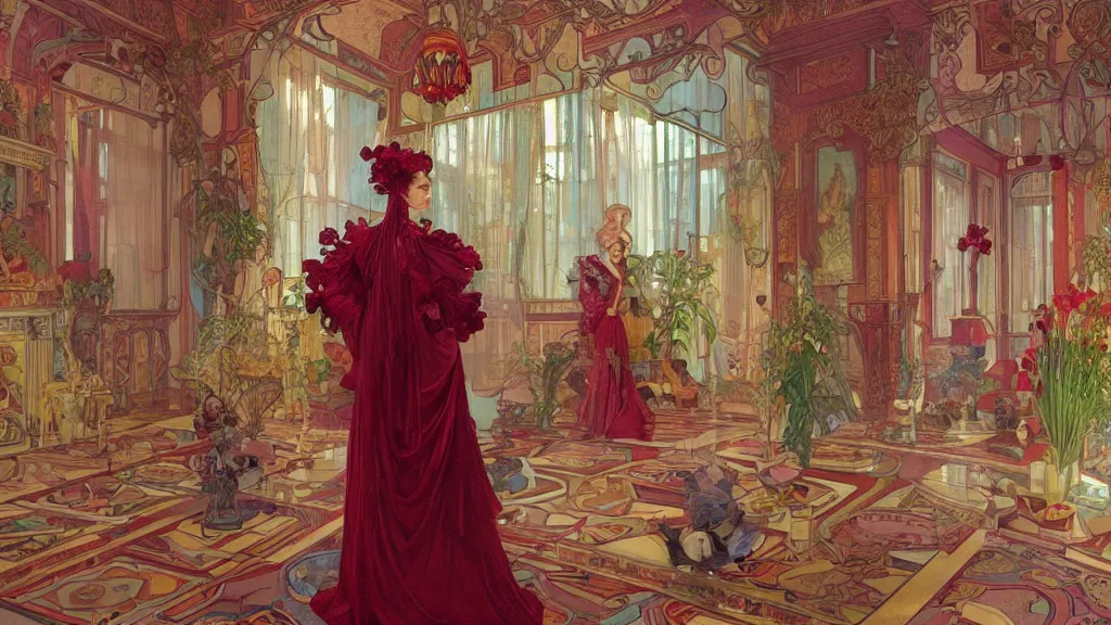 Image similar to a woman made of rubies stands in the living room, film still from the movie directed by Denis Villeneuve with art direction by android jones and donato giancola and alphonse mucha, wide lens, 4K, realistic