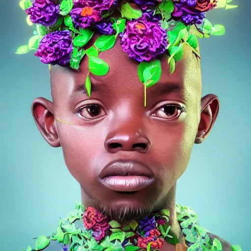 Prompt: colourful vfx art - portrait of nigerian boy wrapped in flowers & vines, art by hsiao - ron cheng & james jean, volumetric light, ray tracing, sharp, detailed, digital painting, illustration, highly detailed, intricate detail, unreal engine, octane render, pinterest, behance, art station,