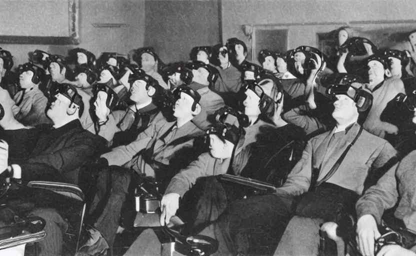 Image similar to 1 9 0 0 s photo of people wearing virtual reality headsets vr in a movie theater masterpiece