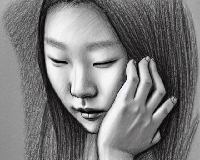 Image similar to a drawing of a woman covering her face with her hands, a sketch by kim eung - hwan, trending on pixiv, context art, pencil sketch, high detail, kinetic