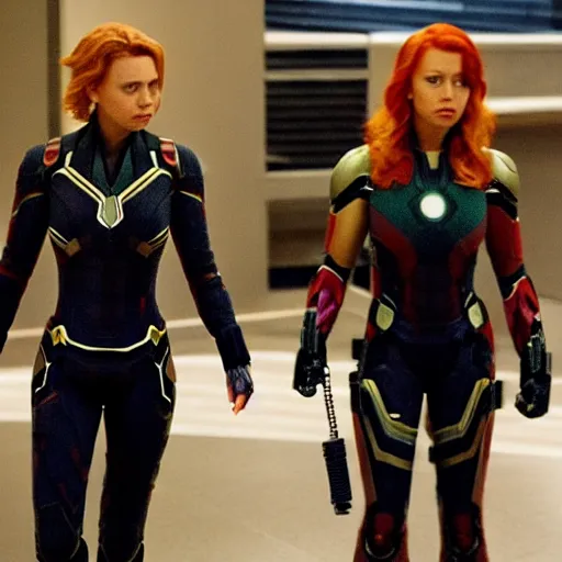 Prompt: Kaley Cuoco as Black Widow in Iron Man, movie screencap