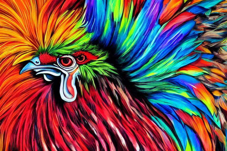 Prompt: digital painting of an ominous rooster with feathers of many colors, by javier medellin puyou and tim lord, lively colors, portrait, sharp focus, colored feathers, jungle