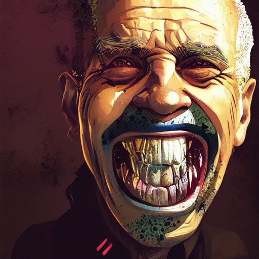 Prompt: old man portrait, face smiling, golden teeth, grenade in mouth, flat background, greg rutkowski gta san andreas art