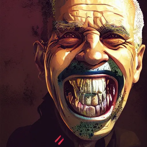 Image similar to old man portrait, face smiling, golden teeth, grenade in mouth, flat background, greg rutkowski gta san andreas art