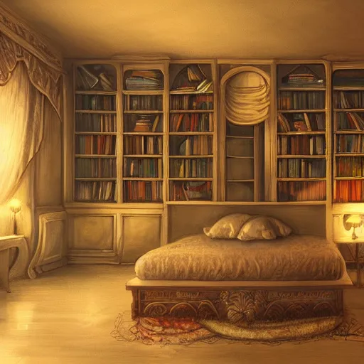 Prompt: fantasy bedroom, bookshelves, cozy, warm glow, digital art, trending on artstation, ornate