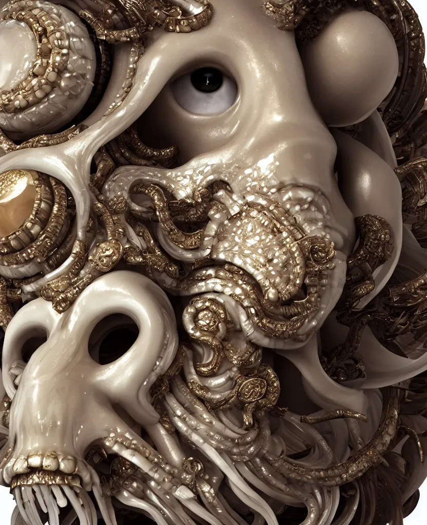 Prompt: goddess princess face close-up portrait ram skull. sculpture made of polished gold and matte obsidian. jellyfish phoenix head, nautilus, orchid, skull, betta fish, bioluminiscent creatures, intricate artwork by Tooth Wu and wlop and beeple. octane render, trending on artstation, greg rutkowski very coherent symmetrical artwork. cinematic, hyper realism, high detail, octane render, 8k