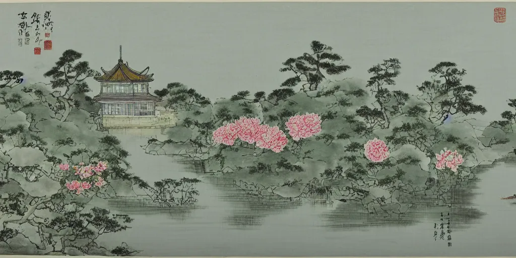 Image similar to summer manor with peony flowers and lake, chinese ink painting