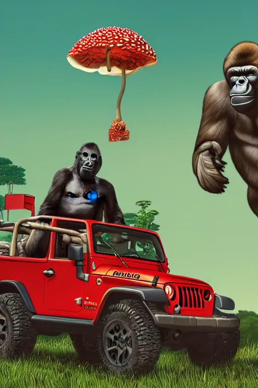 Image similar to gorilla driving a jeep holding a amanita muscaria, sunshine, by alba ballesta gonzalez and moebius. 4 k wallpaper, digital flat 2 d, japan animation, comic book, illustration, cinematic lighting, smooth sharp focus.