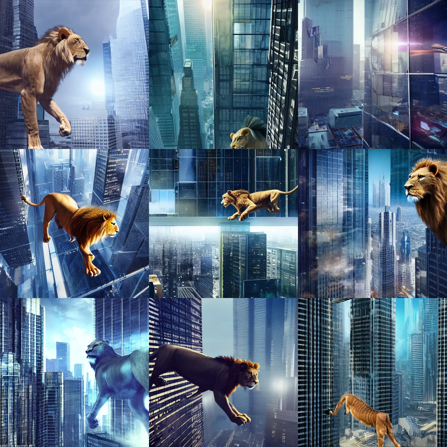 Prompt: cyborg lion flying through a glass skyscrapers, high tech, high definition, photo realistic, 3 5 mm film, unreal engine, hyper detail, octane render 4