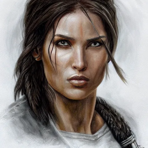 Prompt: Lara Croft detailed headshot Portrait, painting drawn by HR Giger