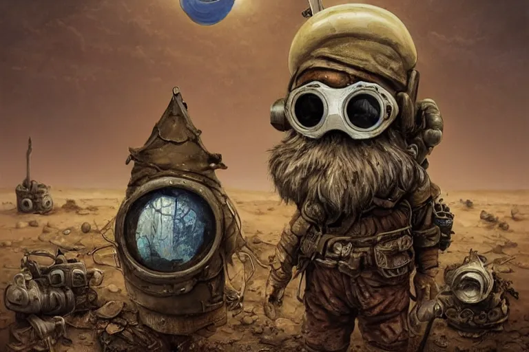 Prompt: a highly detailed forgotten garden gnome wearing goggles and head scarf surviving in a vast barren desert, hopeless wasteland background with a relentless raging sun overhead, post - apocalyptic road warrior vibe, full body, wide angle, an ultrafine detailed painting by joe fenton, trending on deviantart, pop surrealism, whimsical, lowbrow, perfect symmetrical face, sharp focus, octane, masterpiece