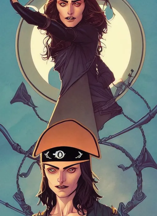 Prompt: Rafeal Albuquerque comic art, Joshua Middleton comic art, pretty female Phoebe Tonkin, pirate, black eye patch covering one eye, evil smile, symmetrical face, symmetrical eyes, pirate clothing, long wavy brown hair, full body::8 sunny weather::2 no long neck