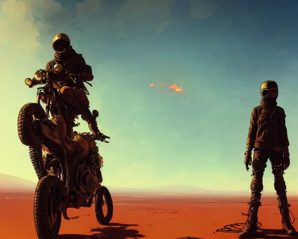 Prompt: a ultradetailed beautiful panting of post apocalyptic biker with helmet in front of burning desert, by ilya kuvshinov, greg rutkowski and makoto shinkai, trending on artstation