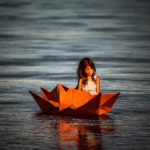 Prompt: a girl in a origami boat at dusk