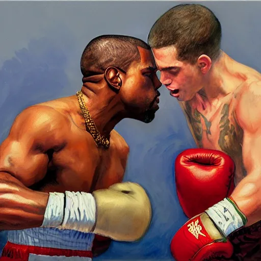 Prompt: a beautiful painting of kanye west fist - fighting pete davidson in a boxing ring, rendered art, highly detailed painting by gaston bussiere, craig mullins, j. c. leyendecker 8 k, trending on artstation, art, fighting, watercolor