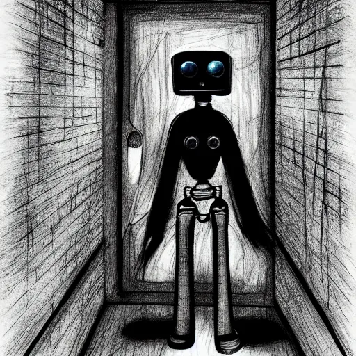 Image similar to grunge drawing of a robot in the style of the grudge | horror themed