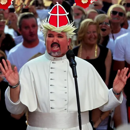 Image similar to guy fieri dressed as the pope, giving a speech in front of millions