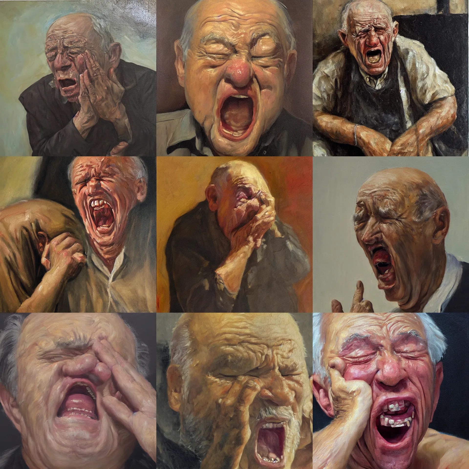 Prompt: very expressive oil painting of an old man crying and screaming
