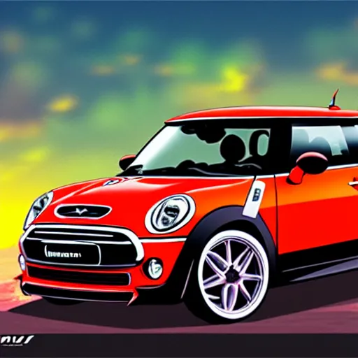 Image similar to anime art vehicle concept art, anime key visual of mini cooper s, at sunset at a beach, trending on pixiv fanbox, studio ghibli, extremely high quality artwork