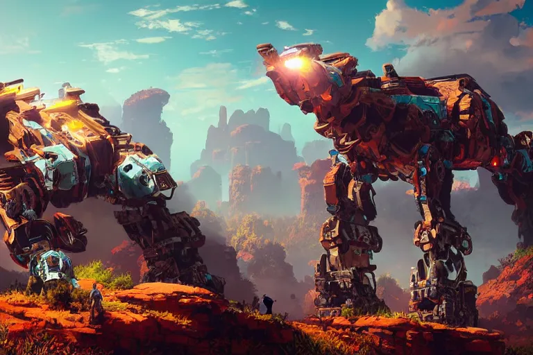 Image similar to rockbreaker machine mecanical creature robot of horizon forbidden west horizon zero dawn radiating a glowing aura global illumination ray tracing hdr fanart arstation by ian pesty and alena aenami artworks in 4 k