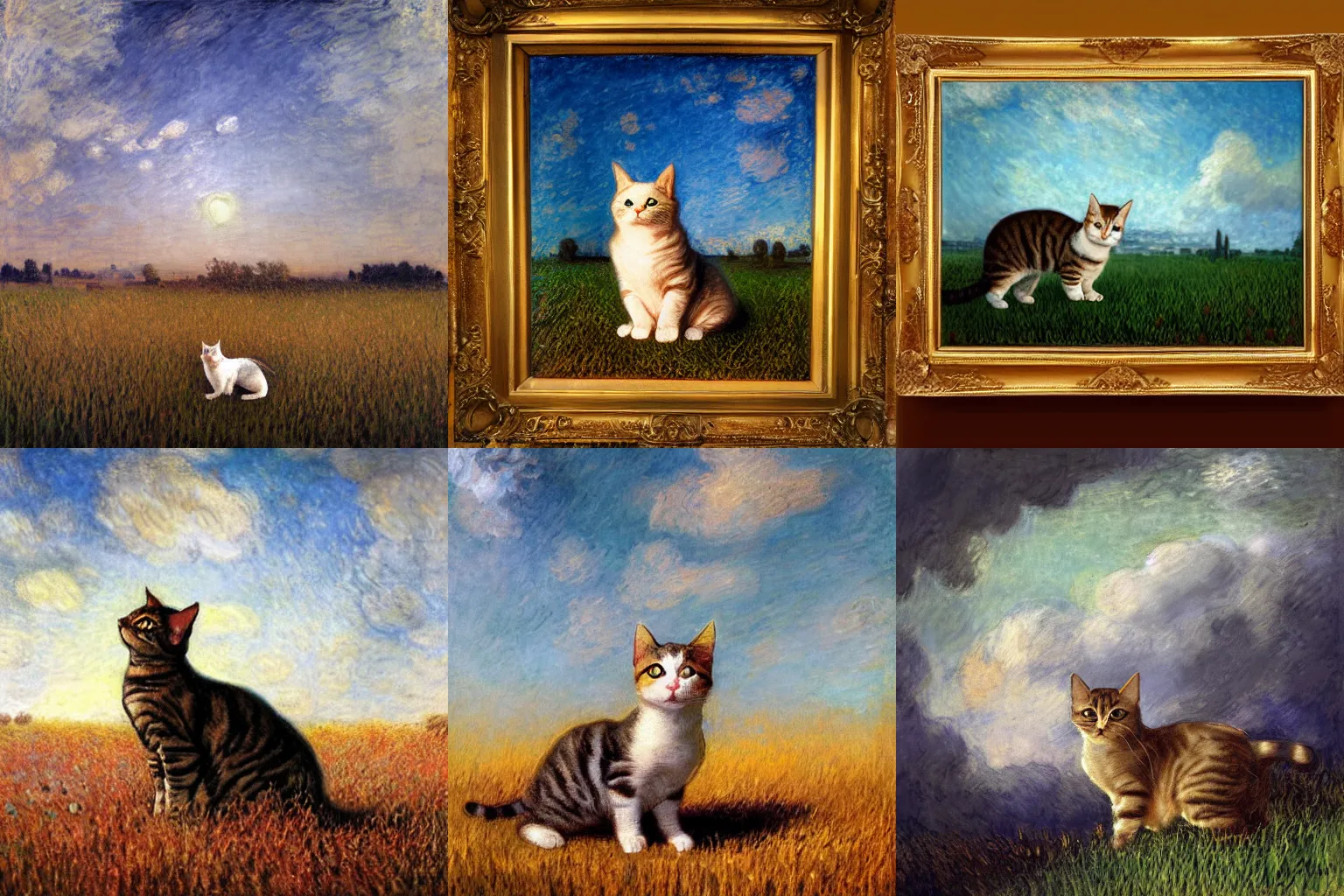 Prompt: A painting of a cat under the sky in a field, by Leonardo da Vinci, by Ross Tran, By Claude Monet, cgsociety, Trending on Artstation