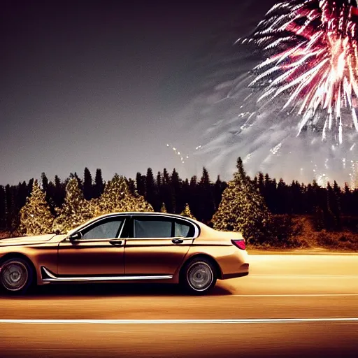 Prompt: a bmw 7 series driving on an empty highway at night, [ fireworks in the sky ]!!, and a [ wooded forest ] in the background, trending on artstation, [ digital art ]!!, [ golden ratio ]!!, centered!!