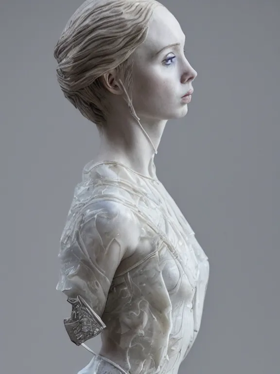 Image similar to a dramatically lit art nouveau white marble portrait sculpture of a worried young karen gillan as joan of arc, delicate, intricate, smooth, beautiful, glowing, by charles van der stappen