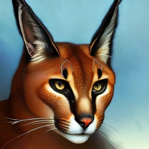 Prompt: portrait of caracal cat. elegant, highly detailed, digital painting, artstation, concept art, smooth, sharp focus, illustration, art by artgerm and greg rutkowski and alphonse mucha