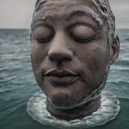 Prompt: a giant water sculpture of a human head, on the ocean water, cinematic, in the style of johnson tsang, long shot, hyper detailed, hyper realistic, ray tracing, 8 k resolution, sharp focus, realistic water, award winning