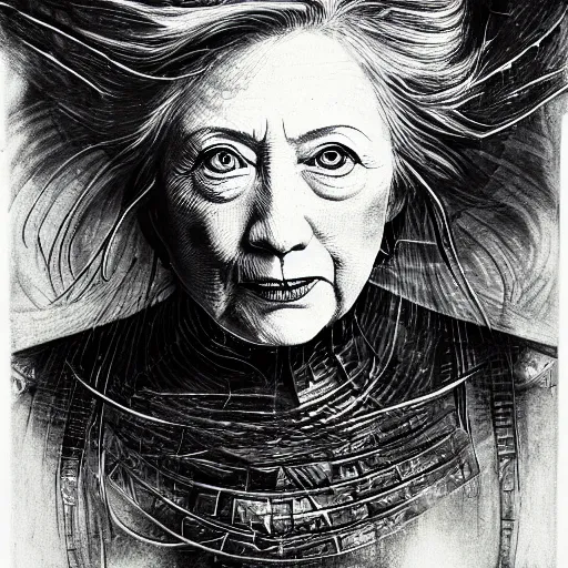 Prompt: Yoshitaka Amano realistic illustration of hillary clinton ,hair fluttering in the wind, cracks on her face wearing Elden ring armour with engraving, abstract black and white patterns on the background, noisy film grain effect, highly detailed, Renaissance oil painting, weird portrait angle, blurred lost edges, three quarter view