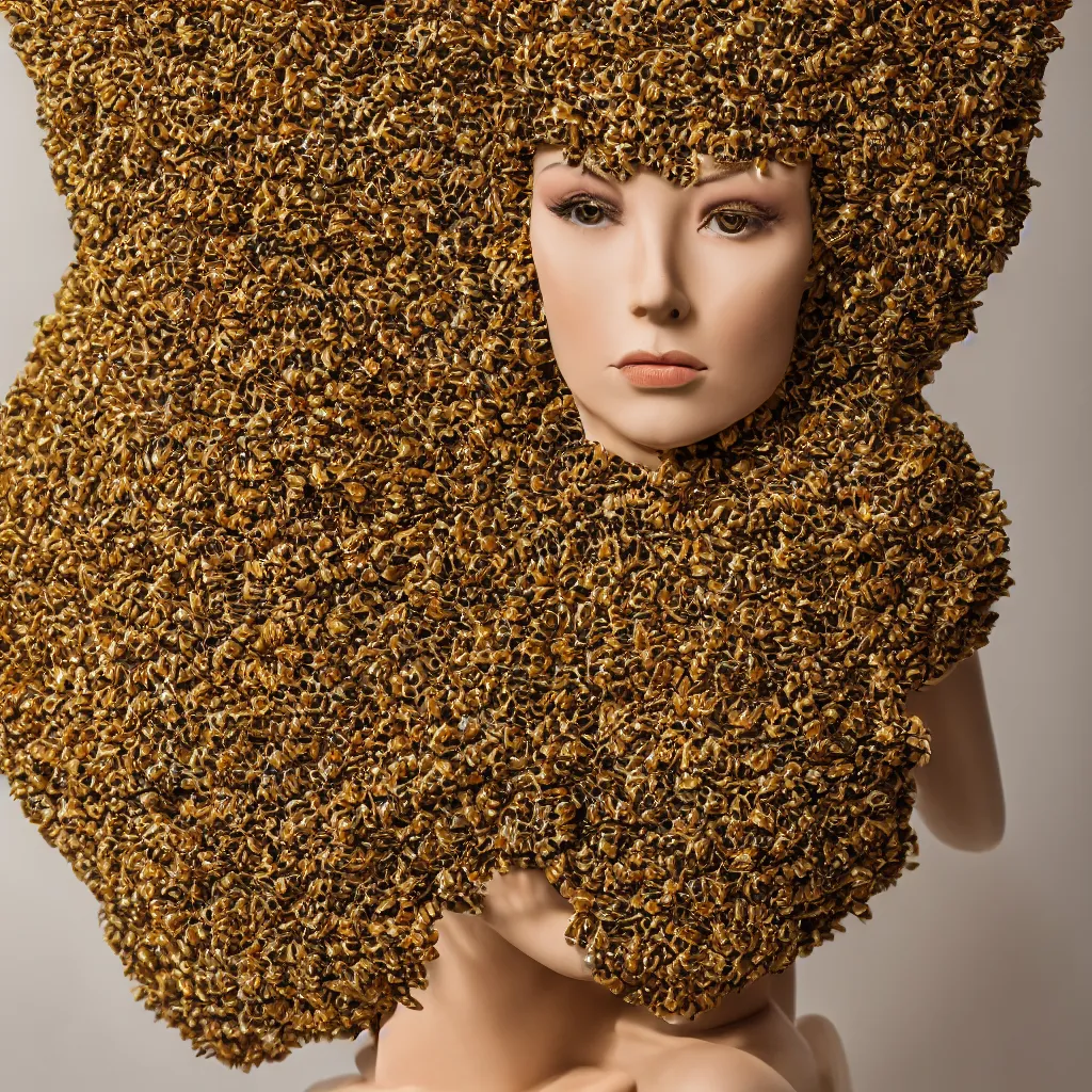 Image similar to a beautiful dress made of a real bee hive, on a mannequin. high resolution, studio lighting, closeup