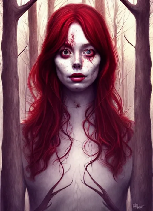 Image similar to surrounded by trees, realistic character concept, gorgeous Kacey Rohl, red hair, small freckles, Wendigo antlers, symmetrical face, symmetrical eyes, full body, covered in blood, dark forest, trees, shorter neck, cinematic lighting, Joshua Middleton and artgerm, fear anxiety terror