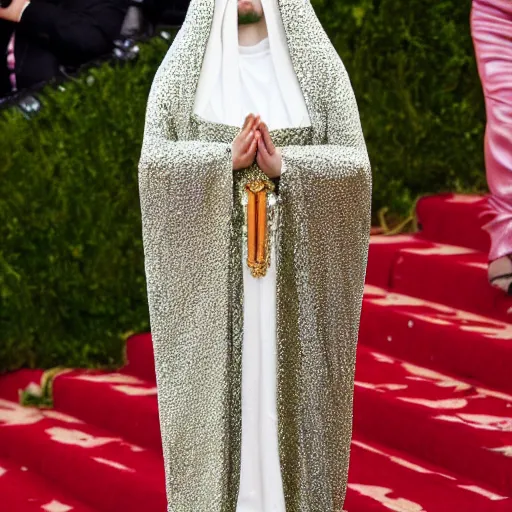 Prompt: photo of the virgin mary at the met gala