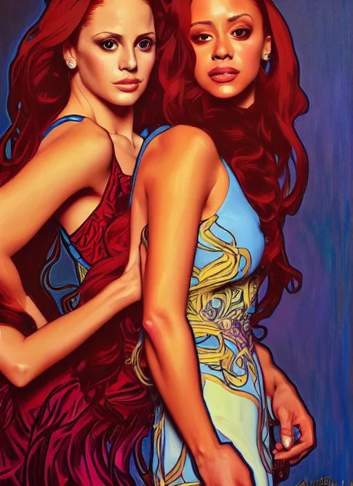 Image similar to oil painting of cheryl blossom and toni topaz, intricate, elegant, highly detailed, lighting, painting, artstation, smooth, illustration, art by greg rutowski and alphonse mucha