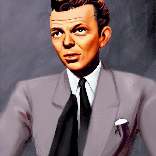 Image similar to perfect composition, subdued color palette, award-winning concept art, detailed digital painting, airbrushed, low contrast: costume design for young Frank Sinatra as a poor 1950s bartender. Volumetric cinematic lighting, great attention to perfect anatomy, special attention to posing, great attention to realistic facial expression, faithful cinematic color scheme, perfectly coherent. In the style of: Greg Rutkowski, Francis Bacon, Syd Mead, Norman Rockwell, Beksinski, Edward Hopper, James Gilleard, Ilya Kuyshinov, WLOP, Stanley Artgerm, Takato Yamamoto, and James Jean.