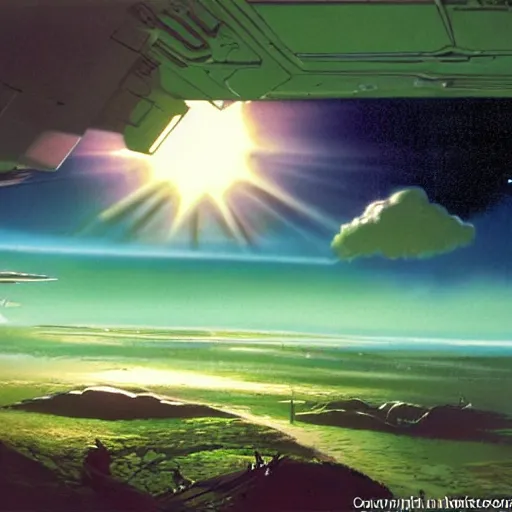 Image similar to green ocean on an alien planet in the clouds, cinematic angle, cinematic lighting, blue sky, sun in the sky, by Syd Mead, John Harris, Federico Pelat