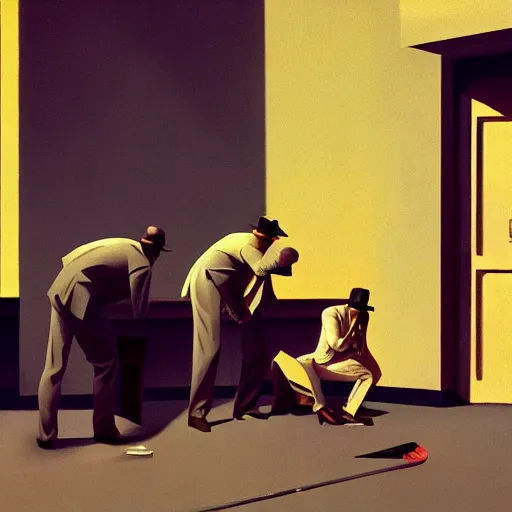 Image similar to LA noir detectives on crime scene, very coherent, painted by Edward Hopper, Wayne Barlowe, painted by James Gilleard, airbrush, art by JamesJean
