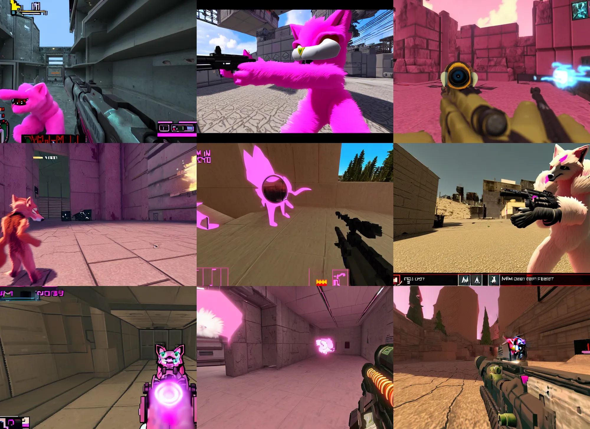 Prompt: pink fox furry fursuit in a screenshot of the video game doom, aim down sight pov, the furry fursuit is running