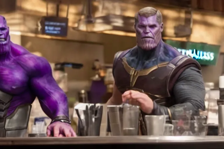 Image similar to a film still of thanos working as a starbucks barista in an upcoming movie, 4 k