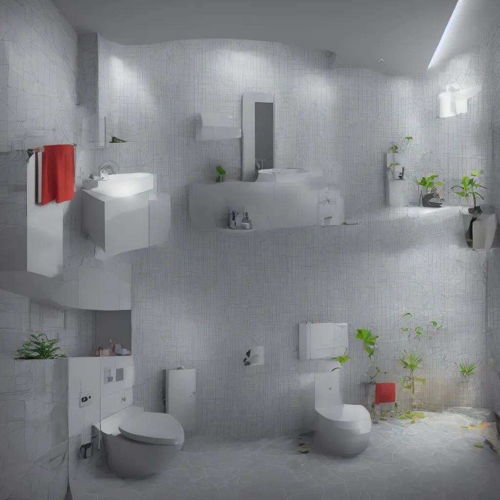 Prompt: colourful 3 d octane render ultra photorealistic hyper detailed isometric bathroom