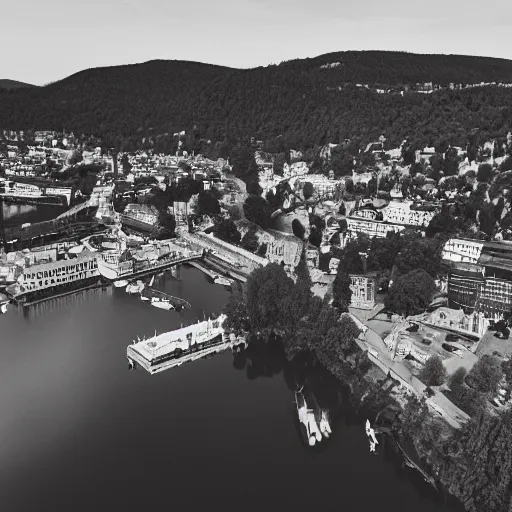 Prompt: bird's eye view photography of a small city. town hall, central farm, dock. hills, woods, and lake to the north.