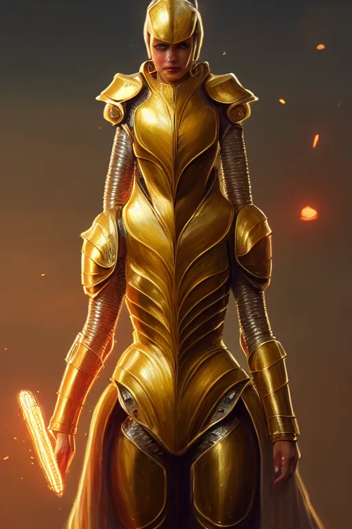 Image similar to professional digital art of a hyper realistic and highly detailed woman beautiful golden armor. accurate rending of one woman in armor. greg rutkowski, zabrocki, karlkka, jayison devadas, intricate, trending on artstation, 8 k, unreal engine 5, pincushion lens effect