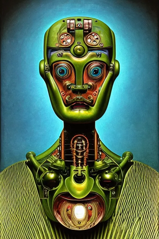 Prompt: retro boxy robot, lcd mouth, glowing blue green eyes, detailed realistic surreal groovypunk robot in full regal attire. face portrait. art nouveau, symbolist, visionary, baroque, by dali, horizontal symmetry by zdzisław beksinski, iris van herpen, raymond swanland and alphonse mucha. highly detailed, hyper - real, beautiful