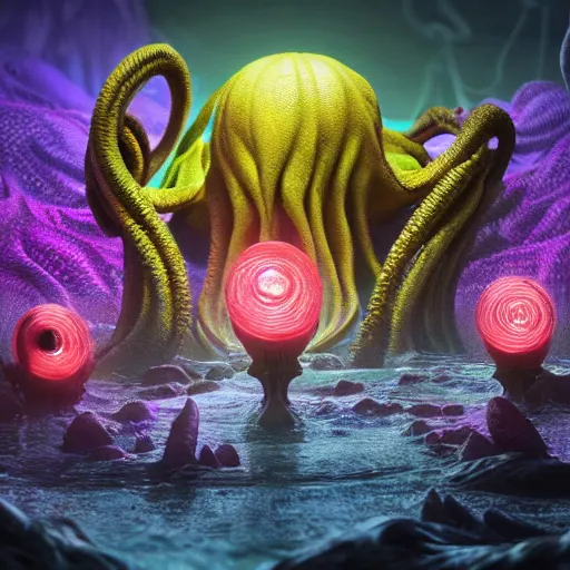 Image similar to cthulhu, expressive eyes, floating, rbc, radiolaria, protophyta, micro - organisms, center frame, symmetric, rim light, marine microbiology, bioluminescence, electric, fur, soft, concept art, intricate details, highly detailed, colorful, photorealistic, disney pixar, octane render,