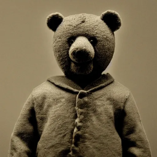 Image similar to Portrait studio photograph of Kanye West & an anthropomorphic teddy bear, close up, shallow depth of field, in the style of Felice Beato, Noir film still, 40mm