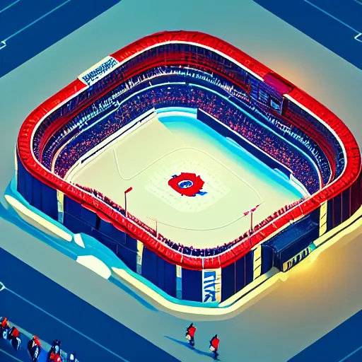 Prompt: Huge hockey arena game illustration, aerial view, isometric Voxel, pixel art, Blizzard, EASports, intricate, elegant, highly detailed, digital painting, artstation, concept art, smooth, sharp focus, art by Roman Klco by Cuberto and Shadow Run, brightly lit cinematic soft lighting, 4k